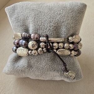 Multi-Strand Fresh Water Pearl Beaded Bracelet with Silver-Tone Accents